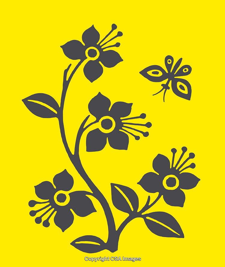 Minimalist Floral Illustration with Butterfly in Vibrant Yellow and Black Contrast