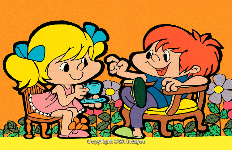 Cartoon Illustration of Two Children Enjoying a Tea Party in a Garden