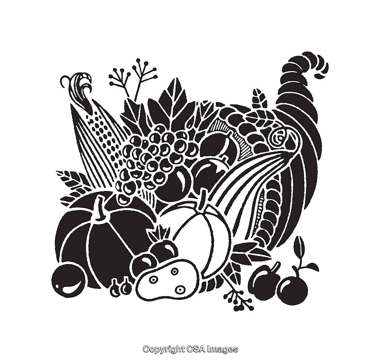 Festive Cornucopia With Pumpkins and Produce Black and White Line Art
