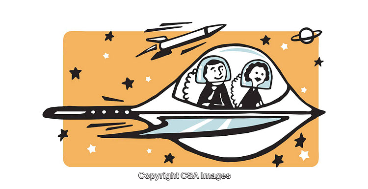 Colorful Cartoon Illustration of Two Figures in a Futuristic Spacecraft