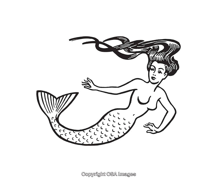 Black and White Illustration of a Mythical Mermaid in Detailed Line Art