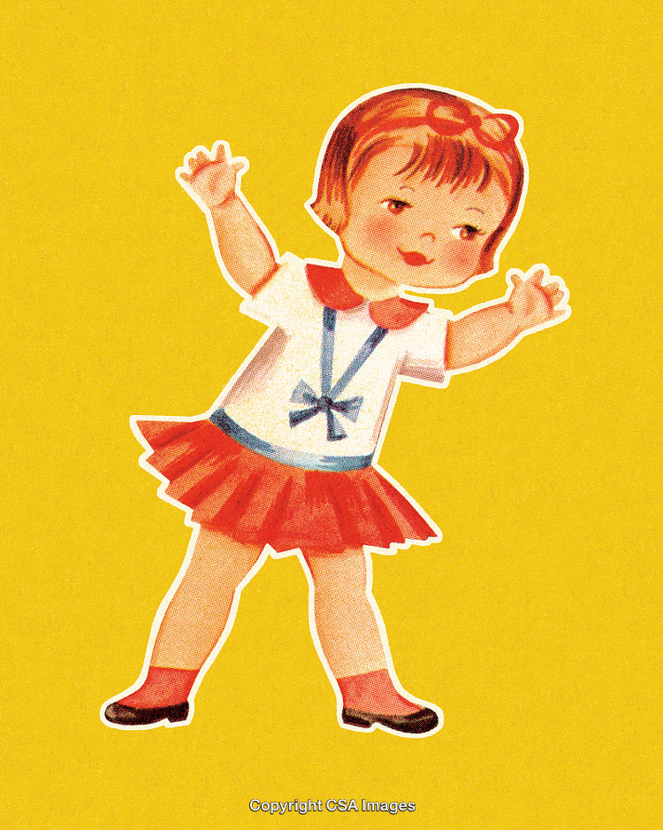 Retro Illustration of a Happy Dancing Girl Wearing a Red Skirt and Bow