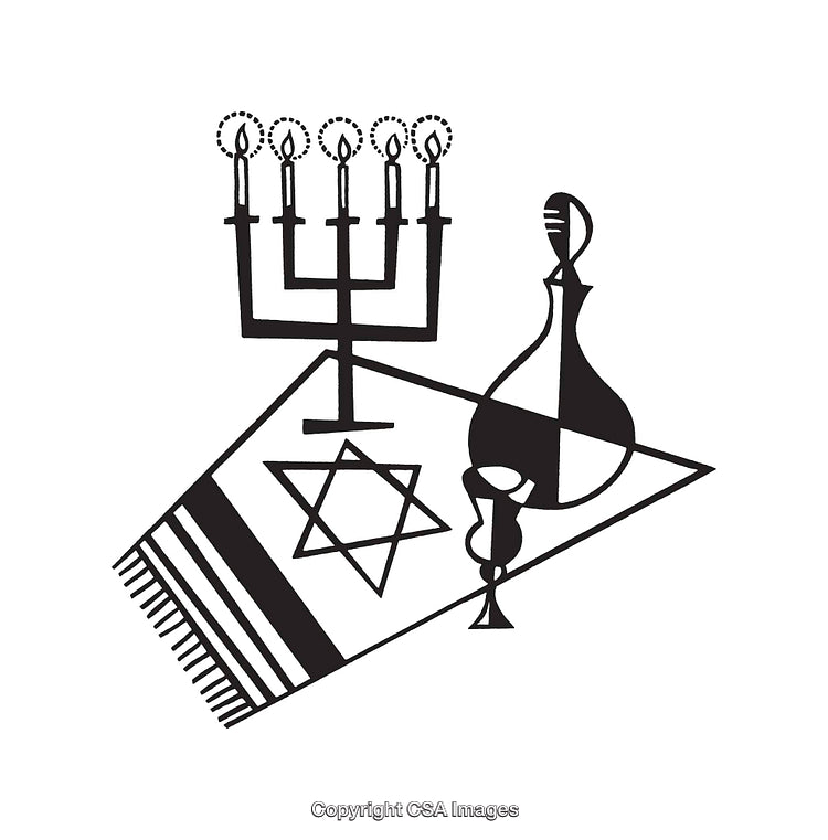 Jewish Religious Symbols in Black and White Line Art Illustration