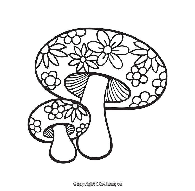Black and White Line Art Illustration of Decorative Mushrooms with Floral Patterns