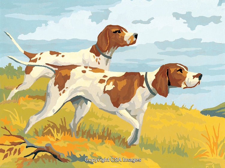 Two Hunting Dogs in a Scenic Outdoor Landscape Illustration