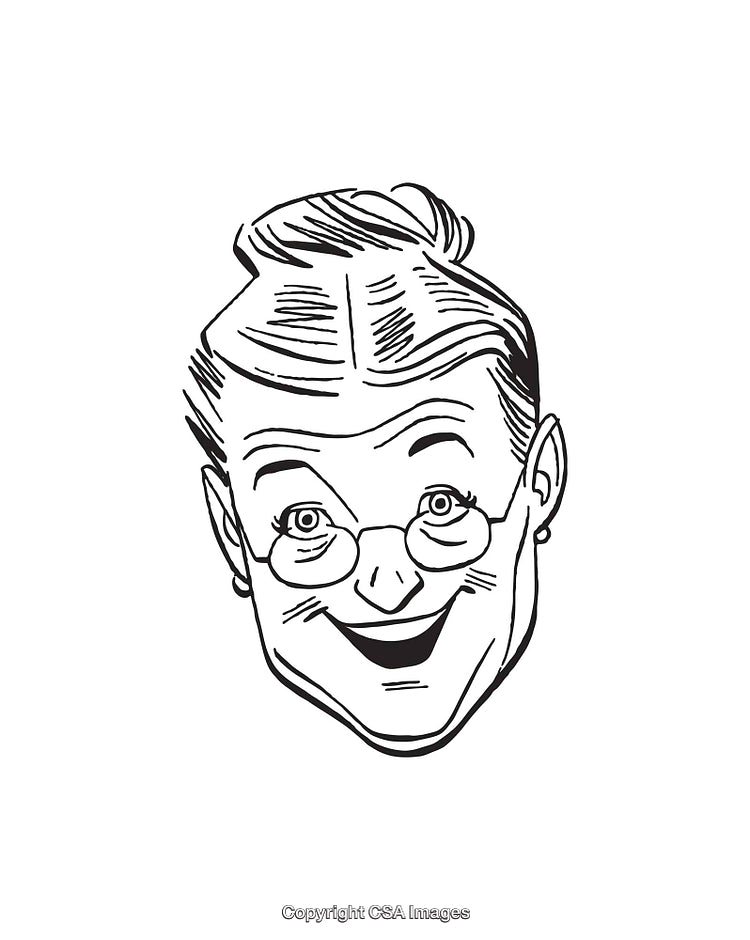 Smiling Elderly Woman Line Art Illustration in Black and White