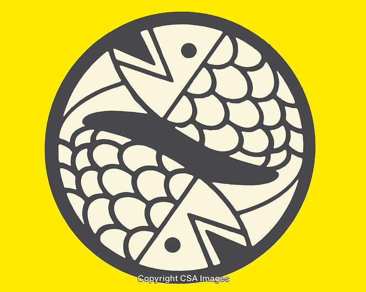 Yellow Circular Illustration Featuring Stylized Fish in Artistic Design