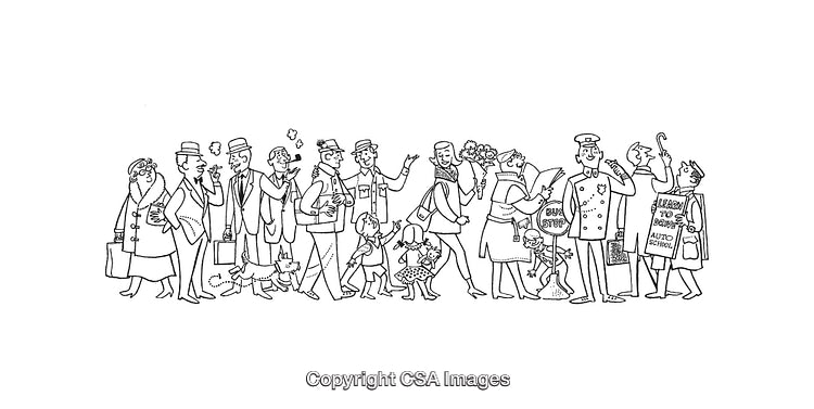 Line Art Illustration Depicting People in Various Activities at a Bus Stop
