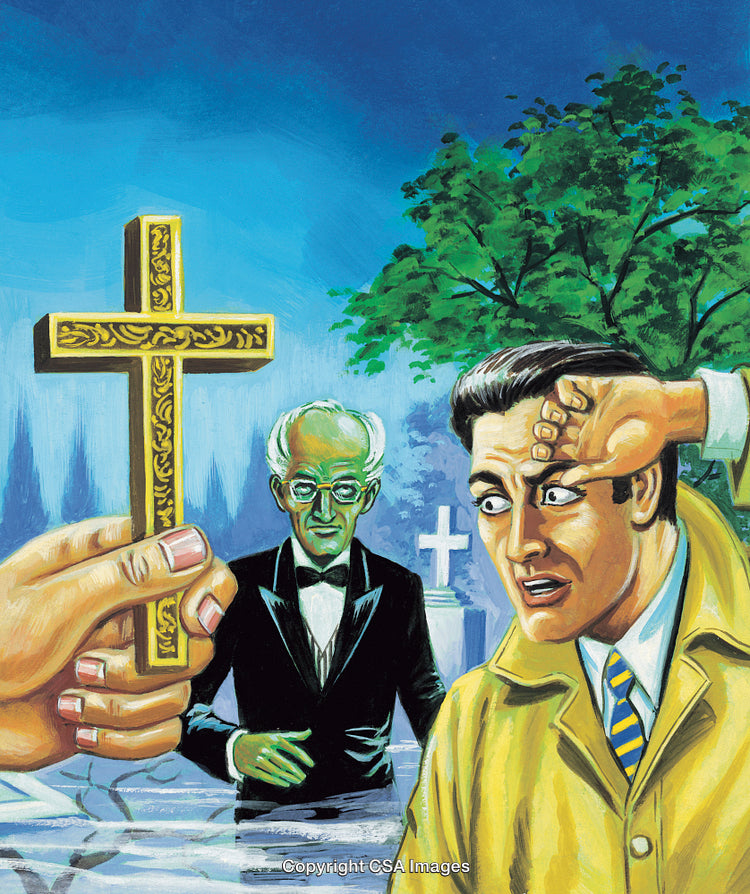 Illustration of a Dramatic Scene with Cross Symbol and Tense Expressions