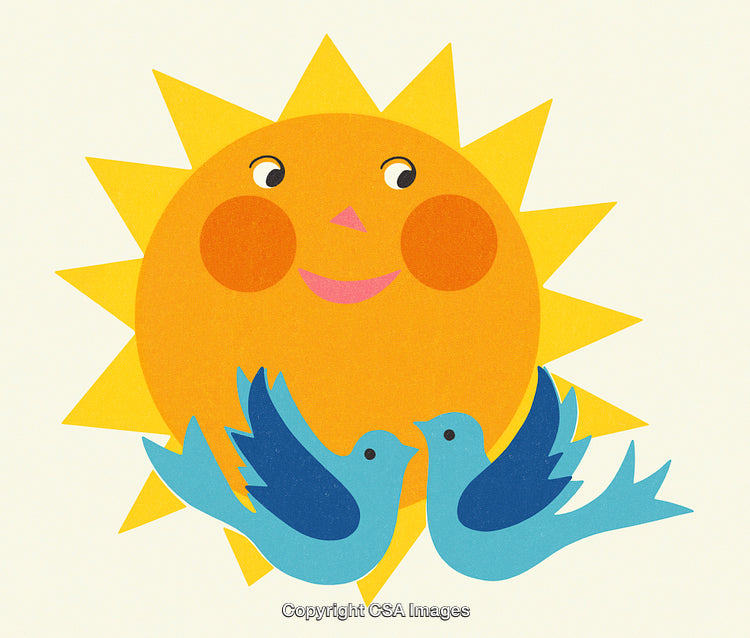 Cheerful Sun with Smiling Face and Two Blue Birds Illustration