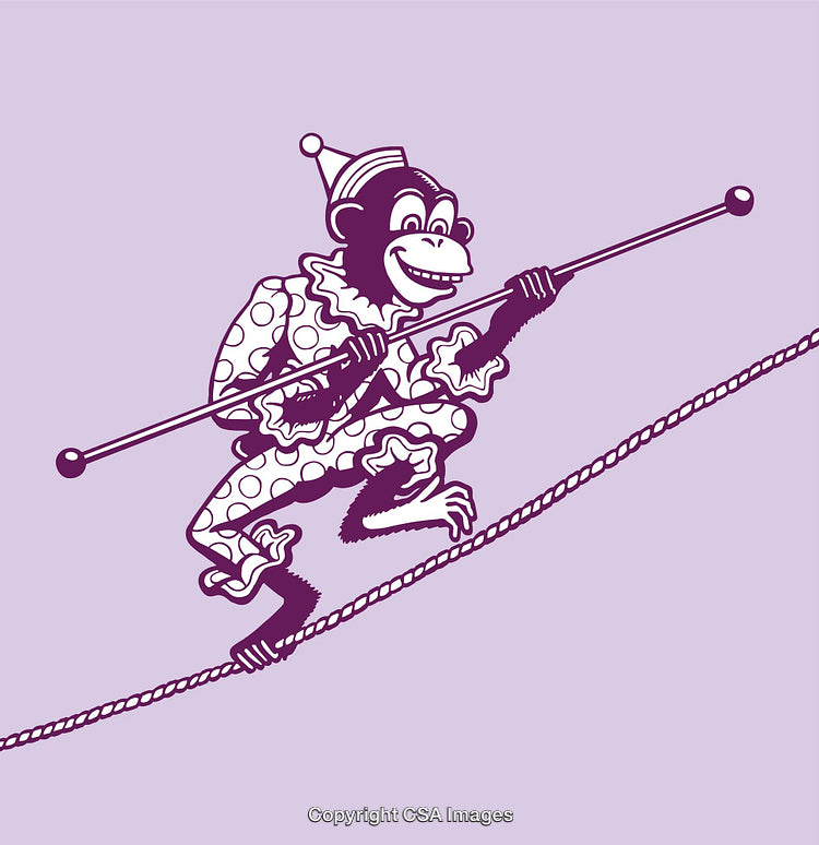 Illustration of a Circus Monkey Balancing on a Tightrope in Colorful Costume