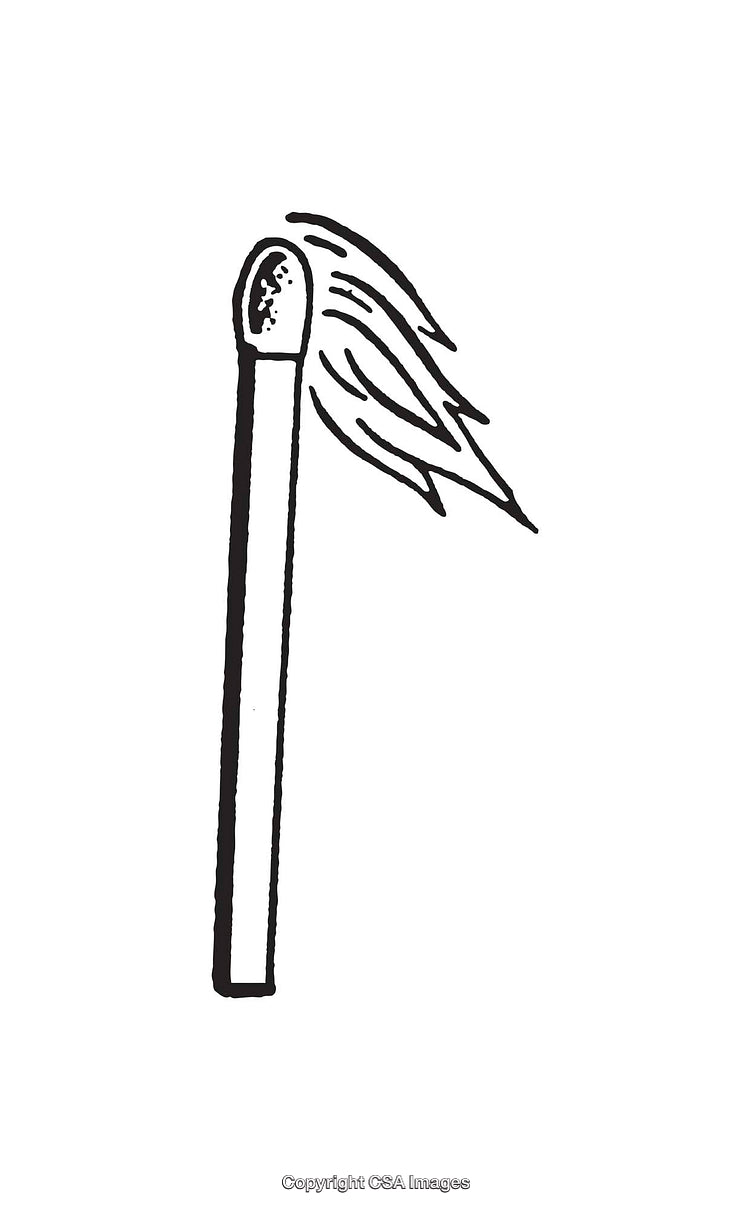 Illustration of a Burning Matchstick in Black and White Line Art Style