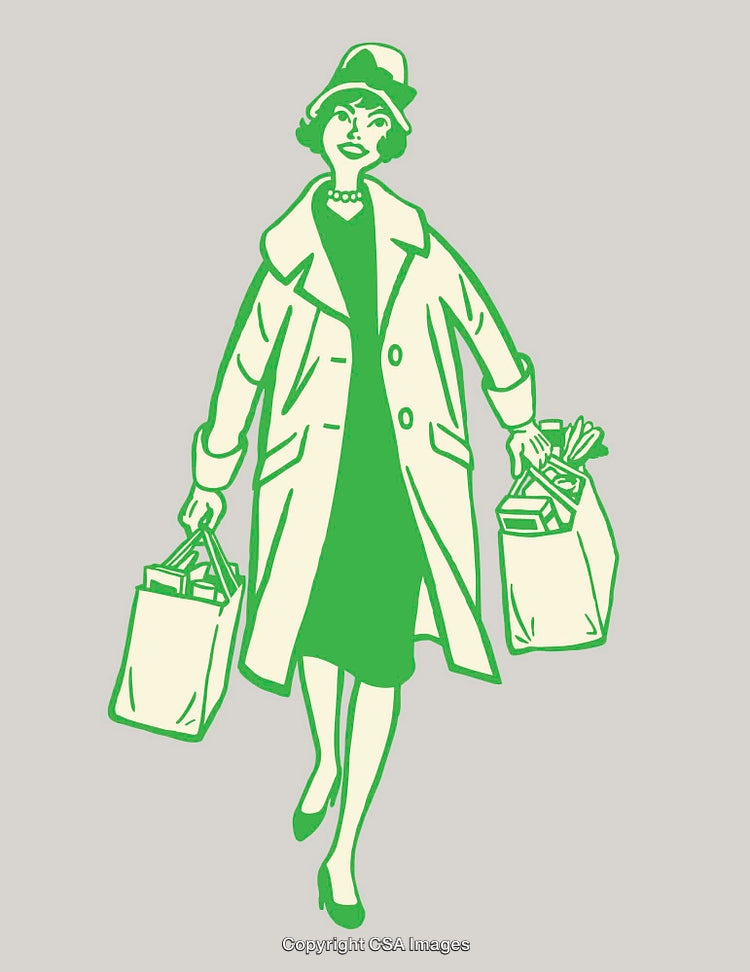 Retro Line Art Illustration of a Woman Carrying Grocery Bags