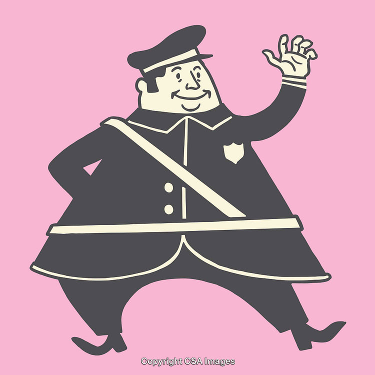 Cheerful Cartoon Policeman Waving Hand in Lighthearted Illustration