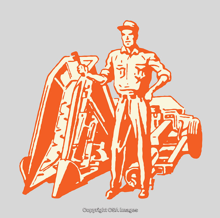 Vintage Farmer Illustration with Agricultural Machine and Equipment