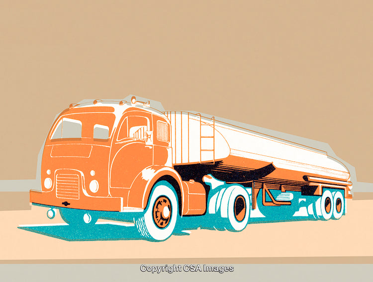 Vintage Illustration of an Orange and White Tanker Truck on Beige Background