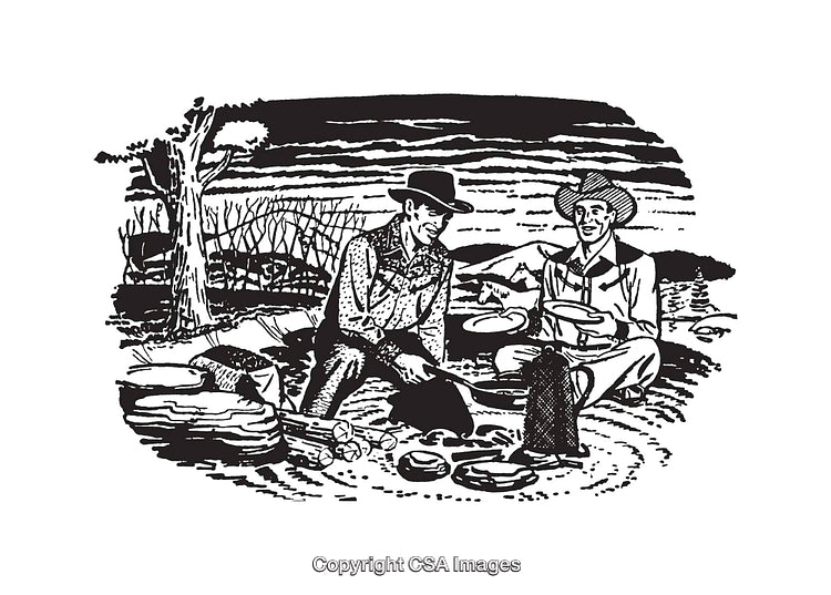 Two Outdoorsmen Enjoying Their Meal by a Campfire in Line Art Style