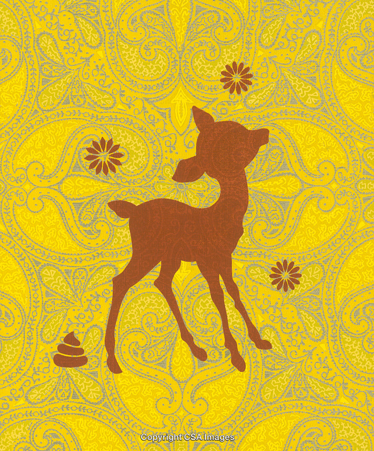 Whimsical Deer Illustration on Vibrant Floral Paisley Backdrop
