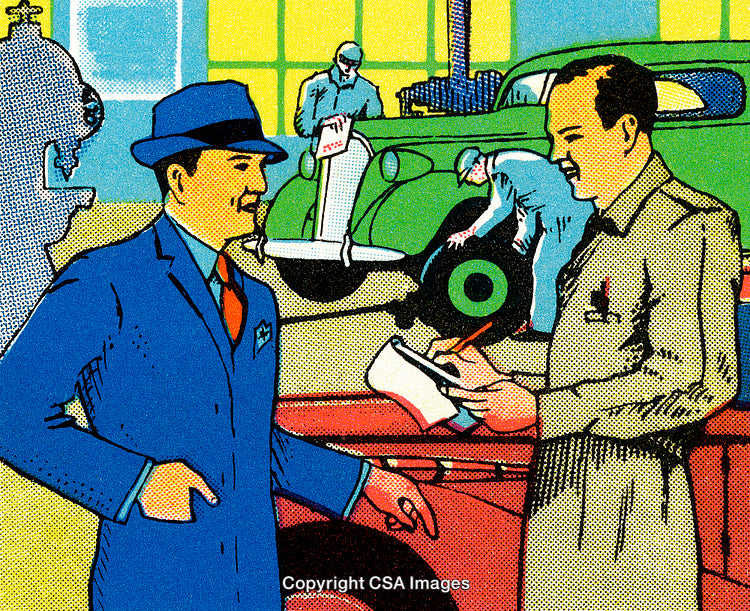 Retro Illustration of a Business Interaction at an Automobile Workshop