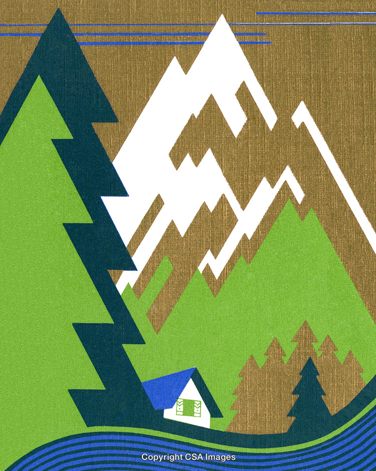 Scenic Alpine Landscape with Mountains, Trees, River, and Cottage in Minimalist Art