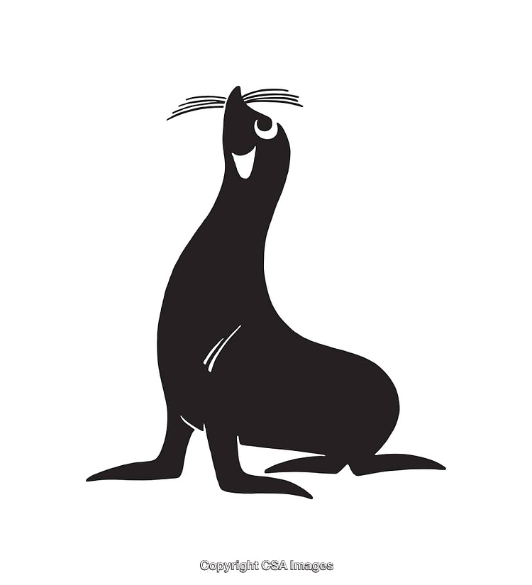 Stylized Black and White Line Illustration of a Playful Sea Lion