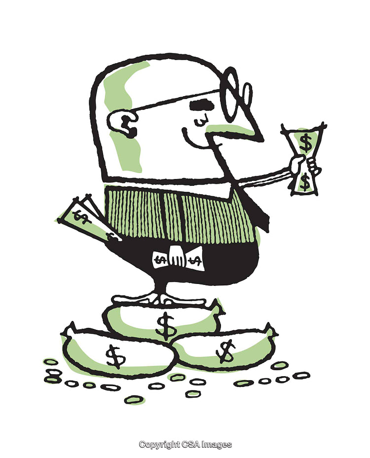 Cartoon Illustration of a Person Handling Money with Dollar Signs