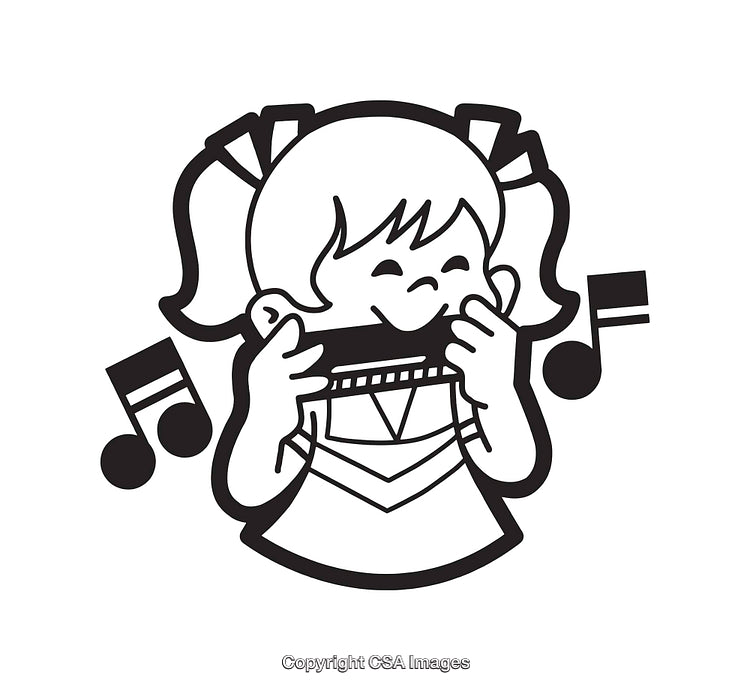 Cute Line Art of Girl Playing Harmonica with Musical Notes