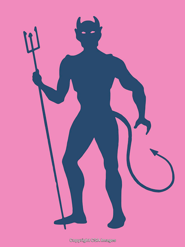 Silhouette of Devil Figure with Pitchfork on Pink Background