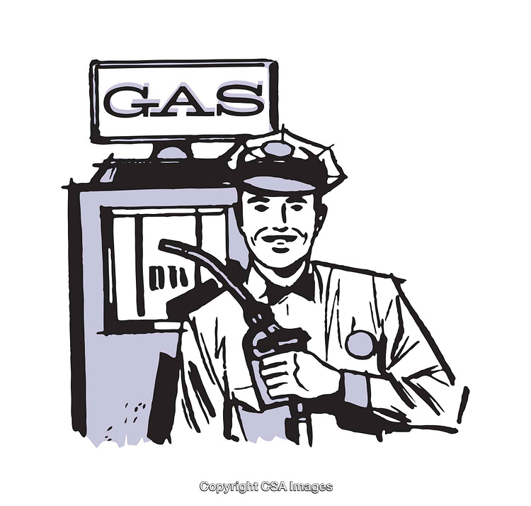 Retro Gas Station Attendant Holding Fuel Nozzle by a Pump