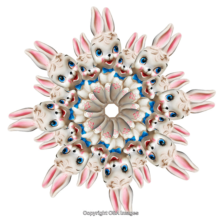 Kaleidoscopic Arrangement of Bunny Figures with Pink and White Details
