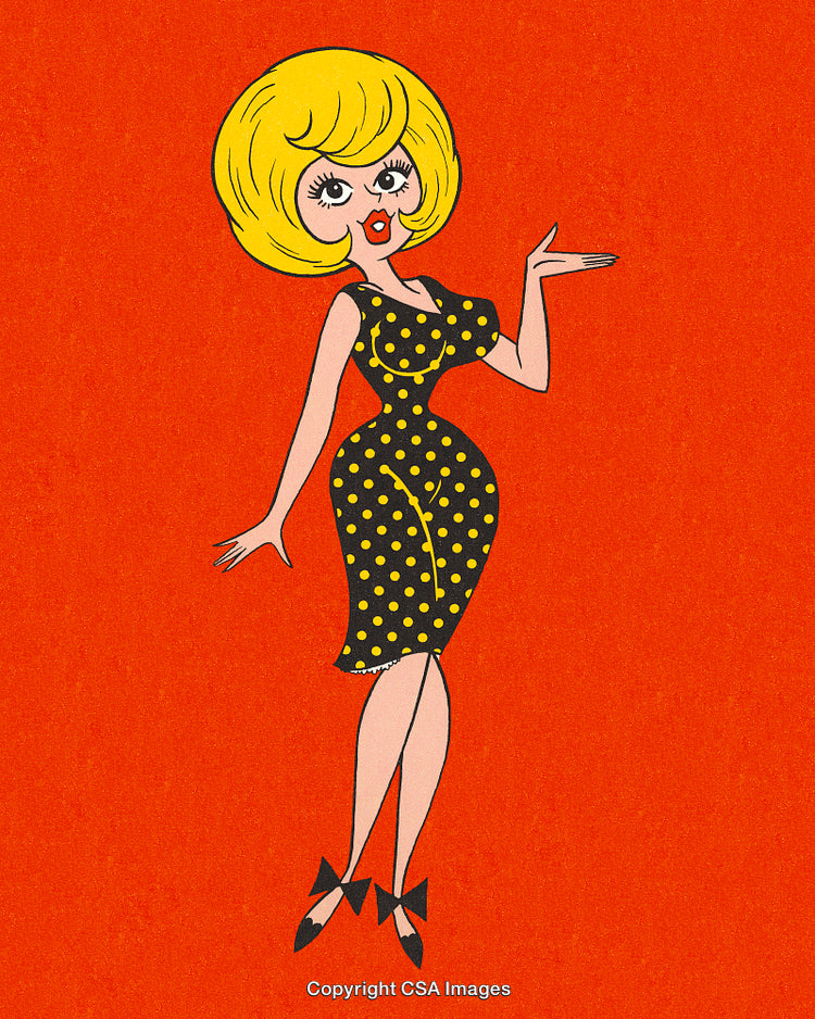 Retro Cartoon Woman in Polka Dot Fashion on Bold Orange Background