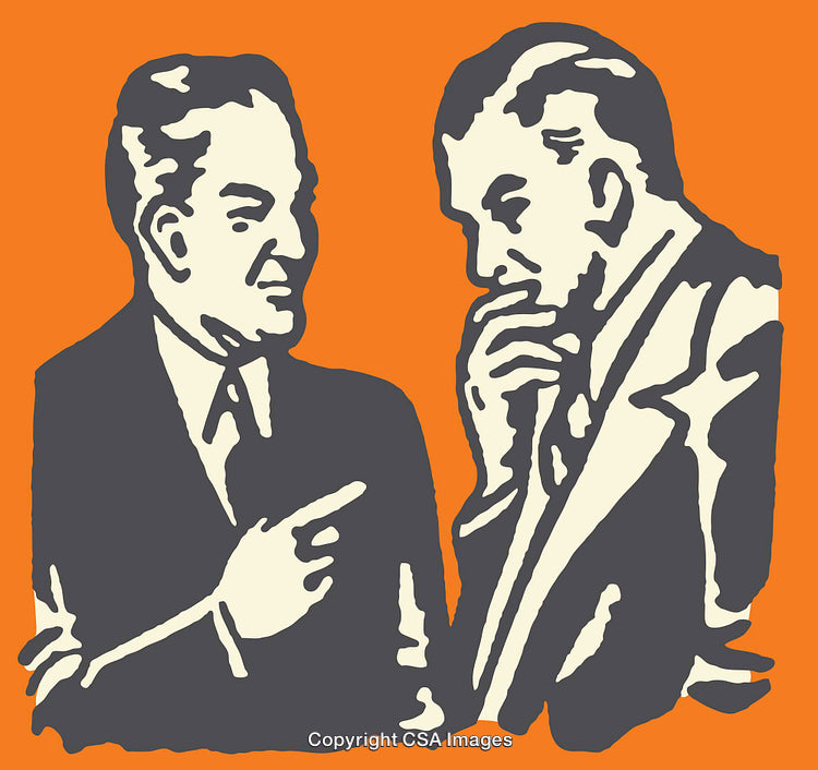 Illustration of Two Businessmen in Conversation on an Orange Background