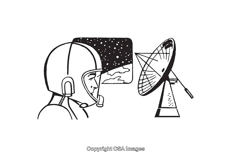 Black and White Line Art of Astronaut and Satellite Dish