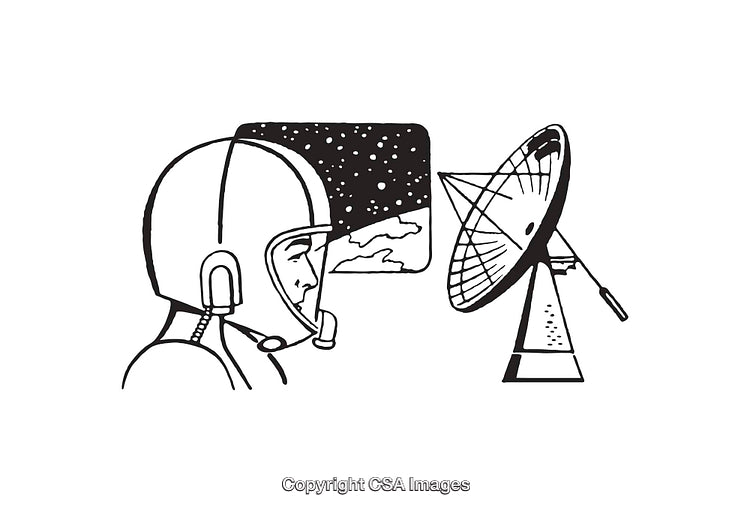Black and White Line Art of Astronaut and Satellite Dish