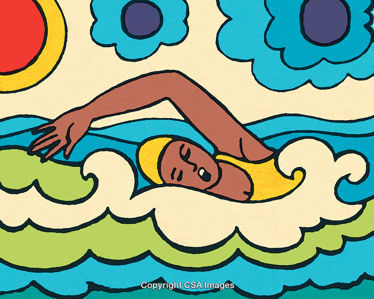 Colorful Illustration of a Swimmer in Vibrant Waves Under a Sunny Sky