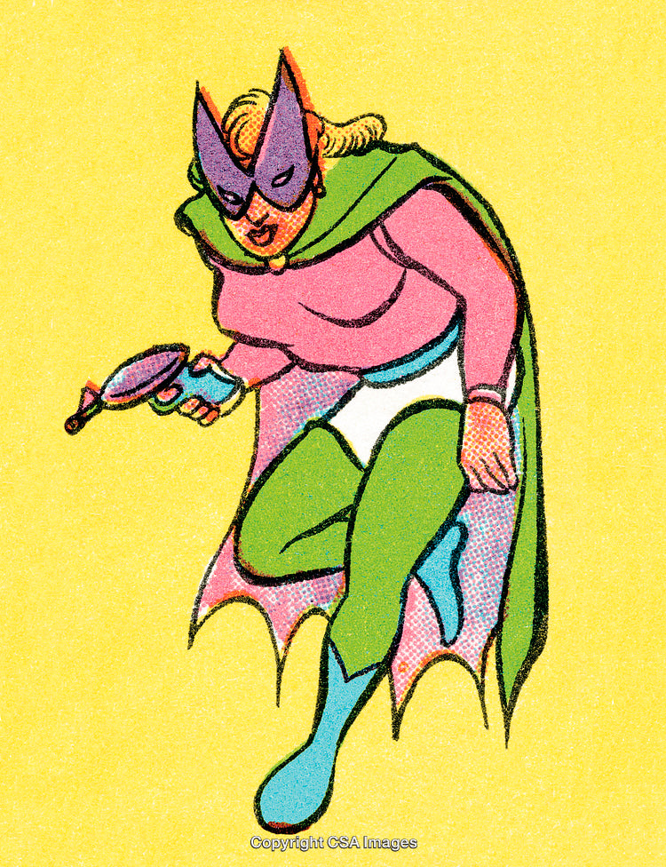 Colorful Comic Illustration of a Retro-Style Superhero Holding a Ray Gun