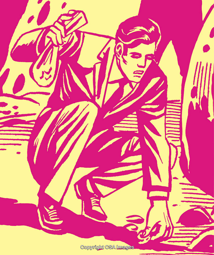 Retro-Styled Illustration of a Man in a Business Suit Picking Up an Object