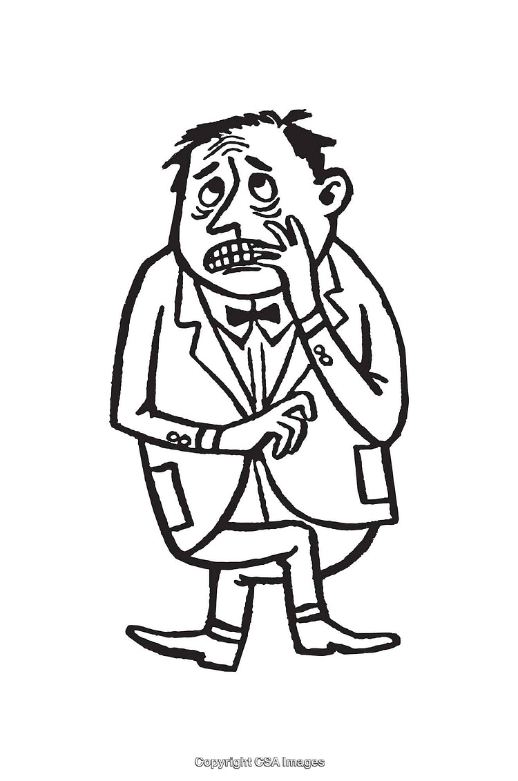 Black and White Line Art of an Anxious Cartoon Character in Formal Attire