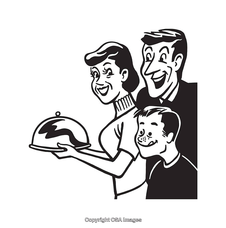 Retro Black and White Illustration of a Smiling Family at Mealtime