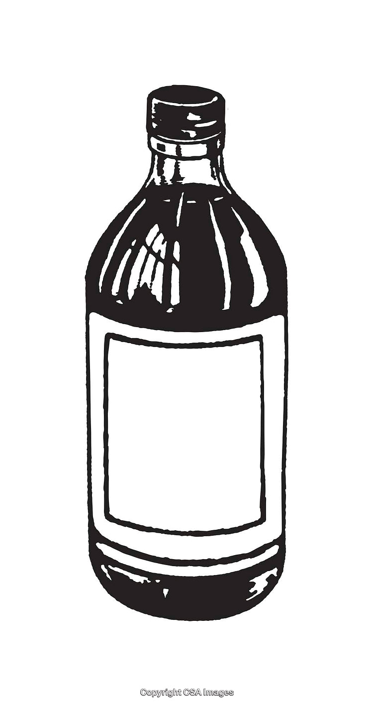 Black and White Line Art Illustration of a Labeled Glass Bottle