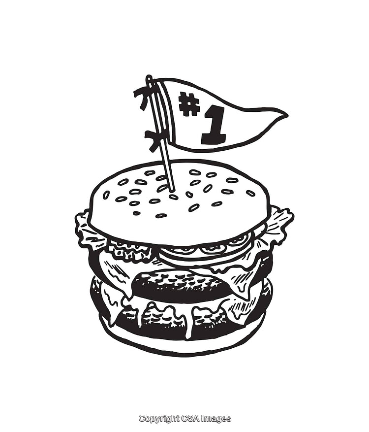 Black and White Illustration of a Cheeseburger with a Number One Flag