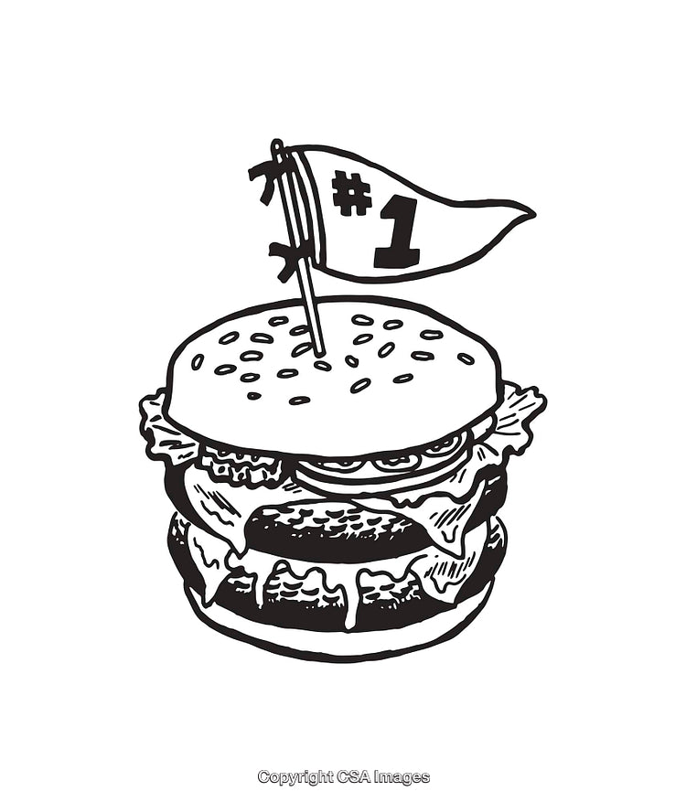 Black and White Illustration of a Cheeseburger with a Number One Flag