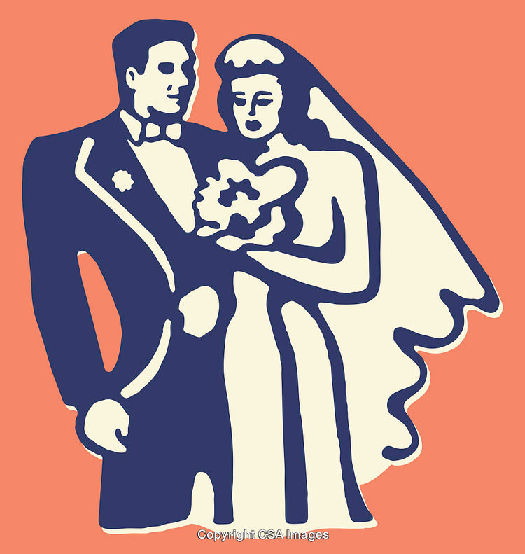 Retro Style Illustration of a Bride and Groom on Coral Background
