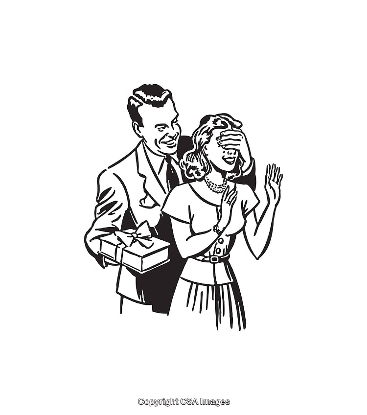 Retro Illustration of a Couple with a Surprise Gift in Black and White