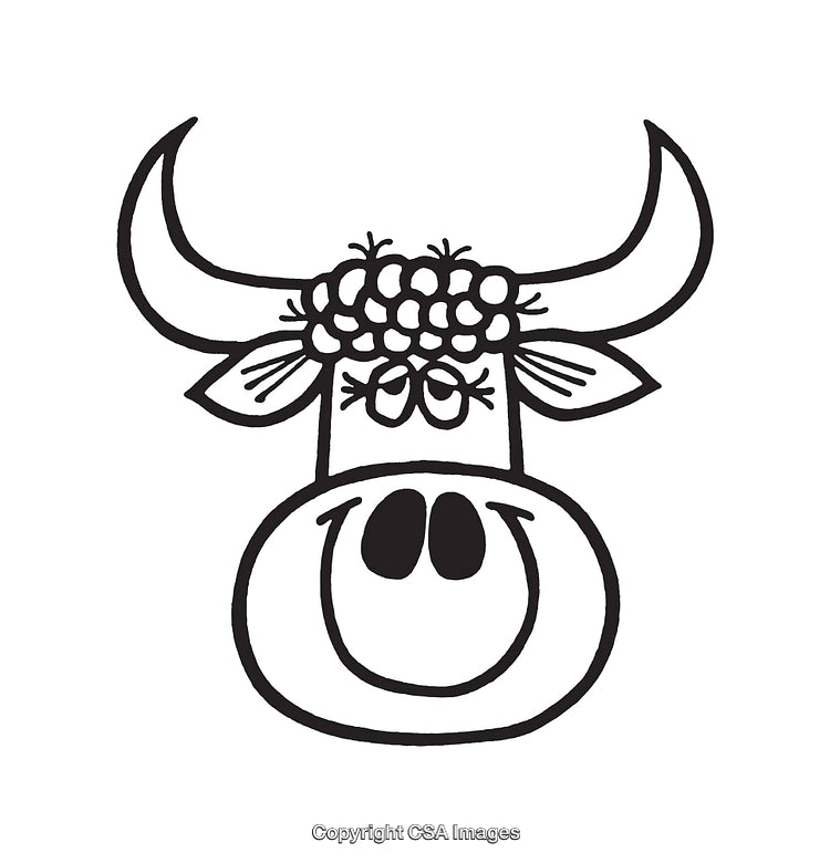 Black and White Line Art Illustration of a Smiling Cow with Flowers