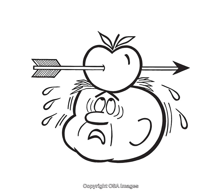 Black and White Line Art of Humorous Arrow and Apple Illustration