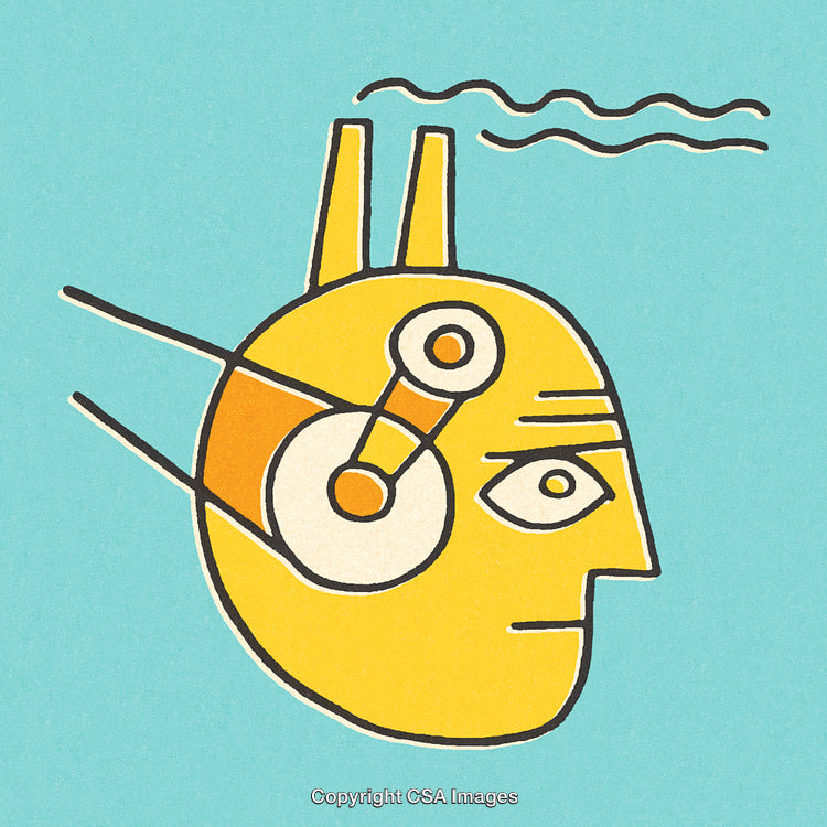 Abstract Illustration of a Human Head with Geometric and Mechanical Elements