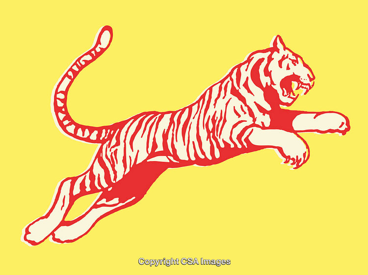 Vibrant Line Art Illustration of a Leaping Tiger on Yellow Background