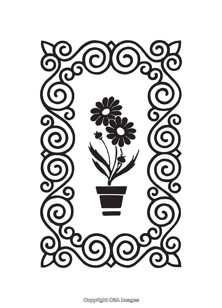 Elegant Black and White Floral Line Art with Decorative Border