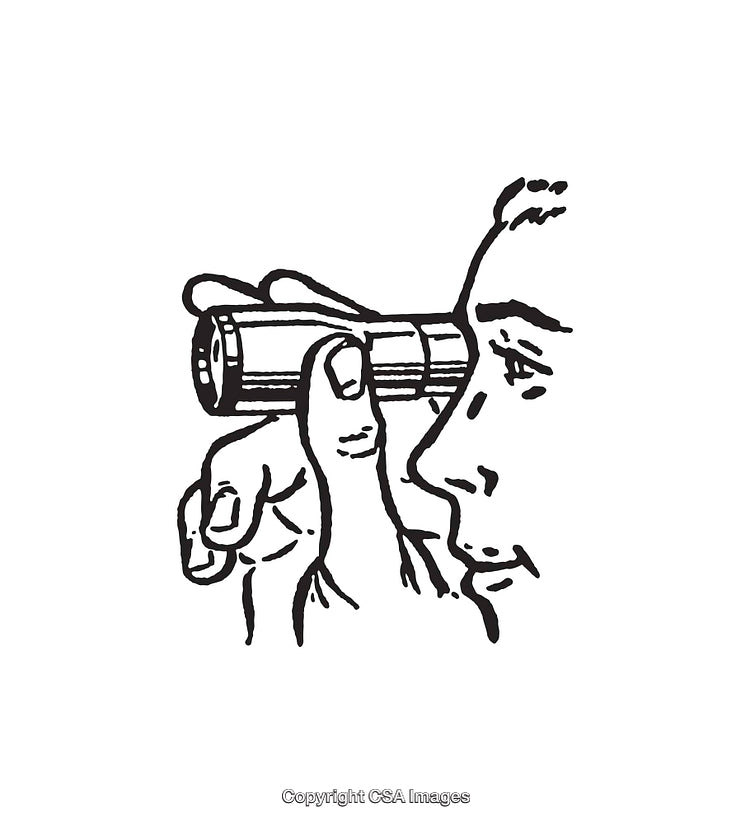 Black and White Illustration of Person Looking Through Small Telescope